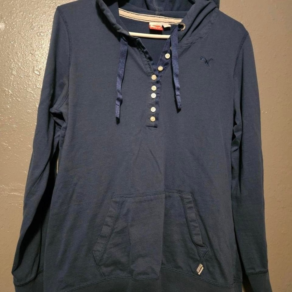 Puma long sleeve t shirt hooded Dark blue womens size large light weight (A1090)